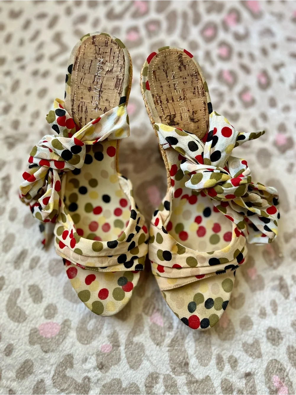 Retro Nine West Cream Espadrille Wedges with Red, Black and Olive Polka Dots
